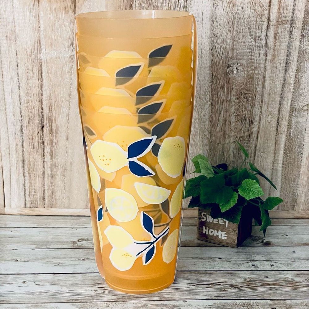 NWT Farmer Market Set of 6 32Oz Orange Clear Frosted Plastic Yellow Lemons Cups